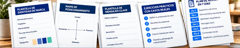 Plantilla de identidad de marca, mapa de posicionamiento, plantilla de mensajes clave, ejercicios prácticos y plan de acción en 7 días