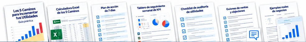 Guía, calculadora Excel, plan de acción, tablero de KPI, checklist de auditoría, guiones de venta y ejemplos reales